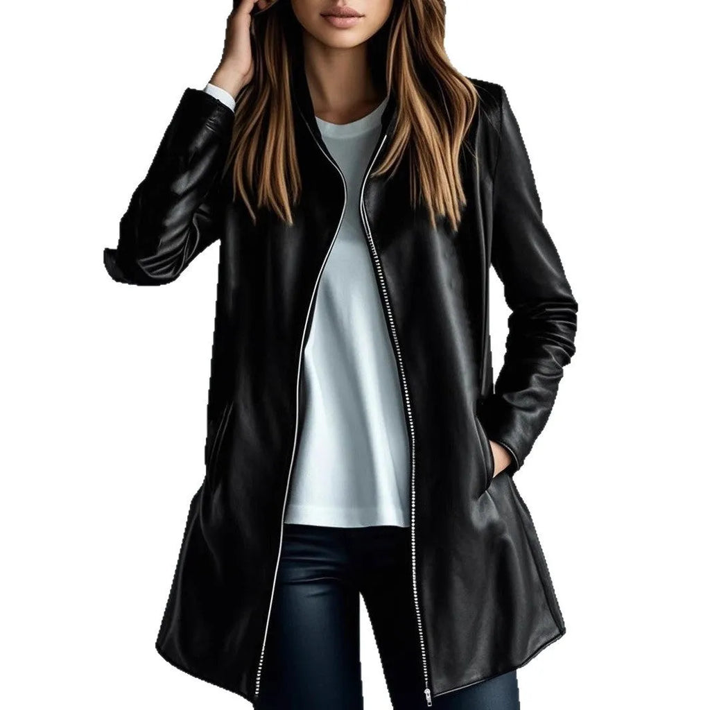Women's solid black leather jacket with long sleeves, medium 65cm length, on a hanger.