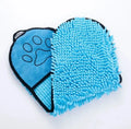 Blue pet bath robe towel for drying a dog after a wash, showing its size and soft texture.