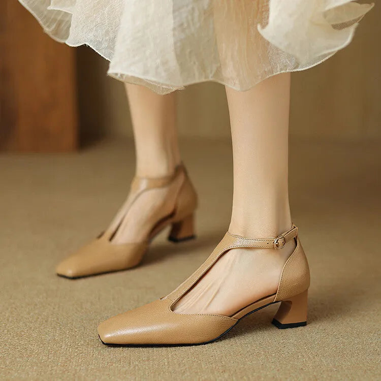 Wine red women's square toe chunky heel shoes with buckle closure, made from sheepskin leather.
