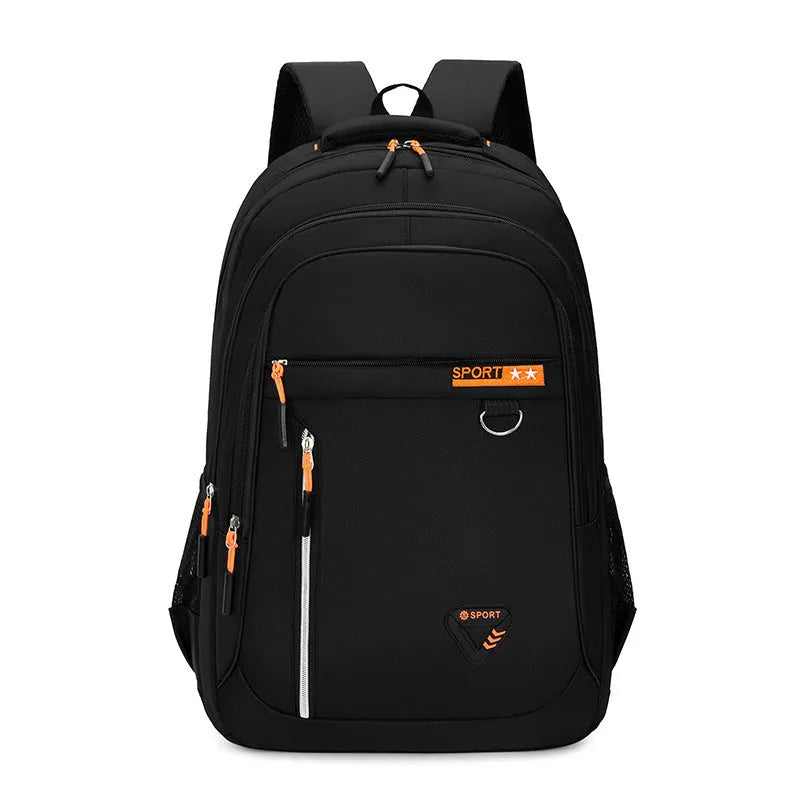 Men's Oxford cloth schoolbag showing air pillow belt system and 20-35 litre capacity