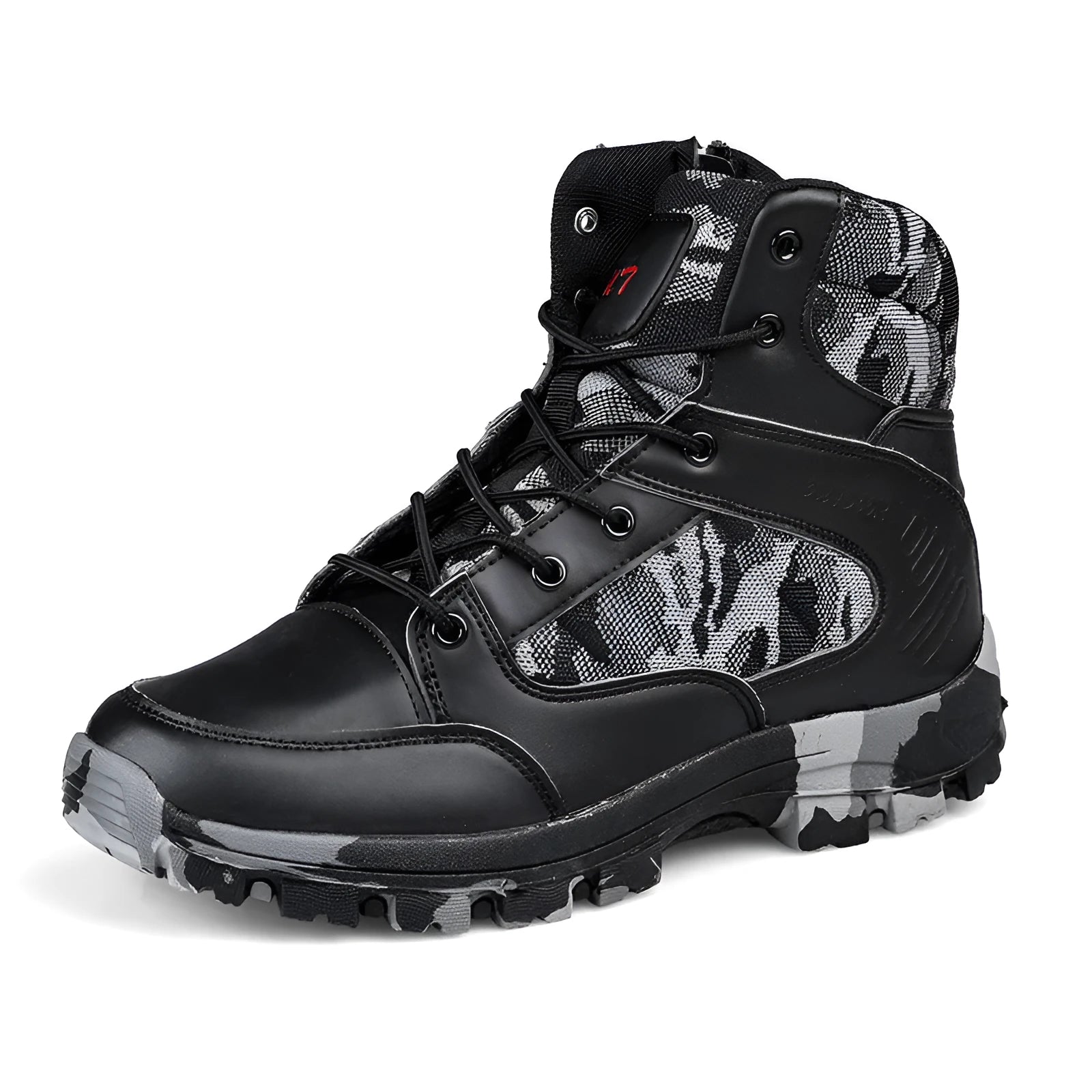 Men's black and camouflage high-top hiking shoes with artificial PU upper and metal eyelets