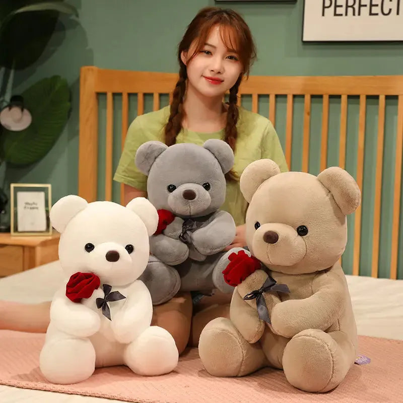 Rose bear plush teddy doll in beige, brown, or grey with soft short plush fabric