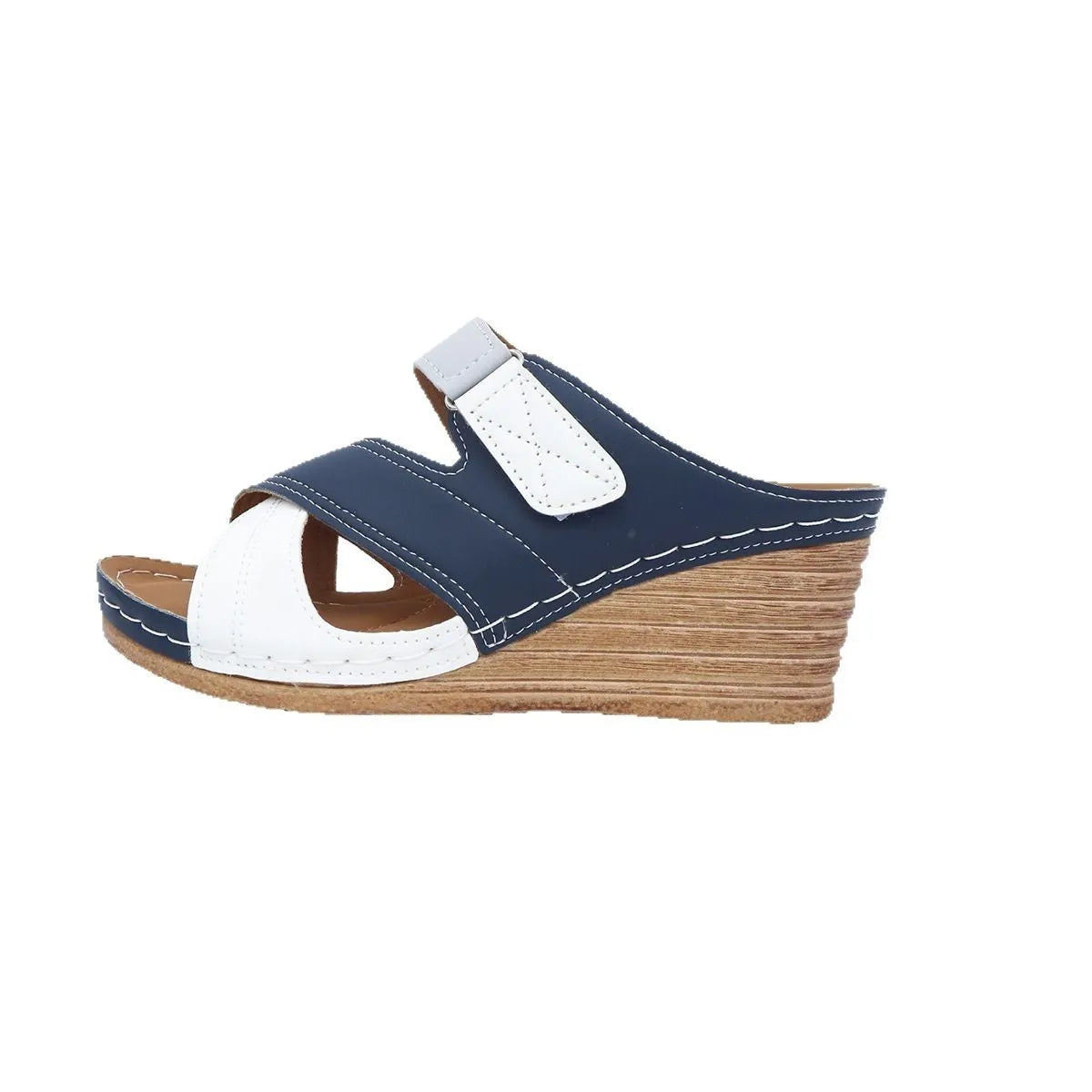 Women's platform wedge slipper with Velcro strap in a two-tone colour combination, showing Fish Mouth toe shape.