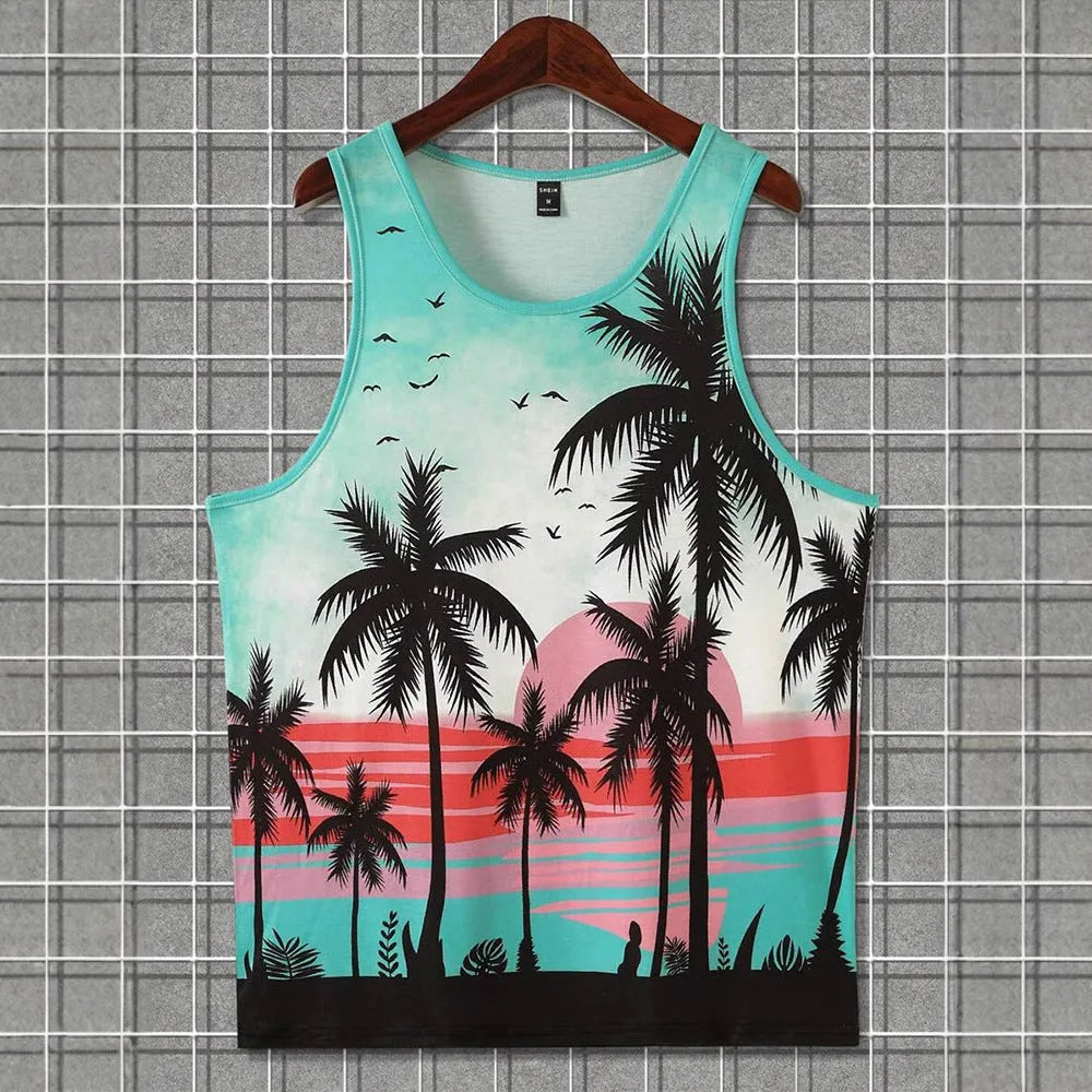 Men's 3D printed Hawaiian style sleeveless vest in solid colour with comprehensive sizing options