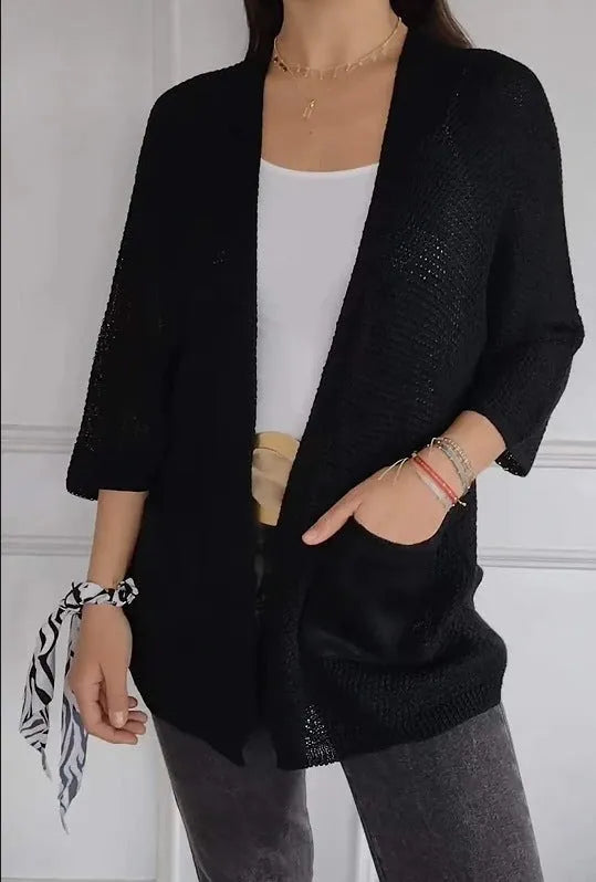 Women's waffle-textured polyester cardigan coat with nine-quarter sleeves in army green colour