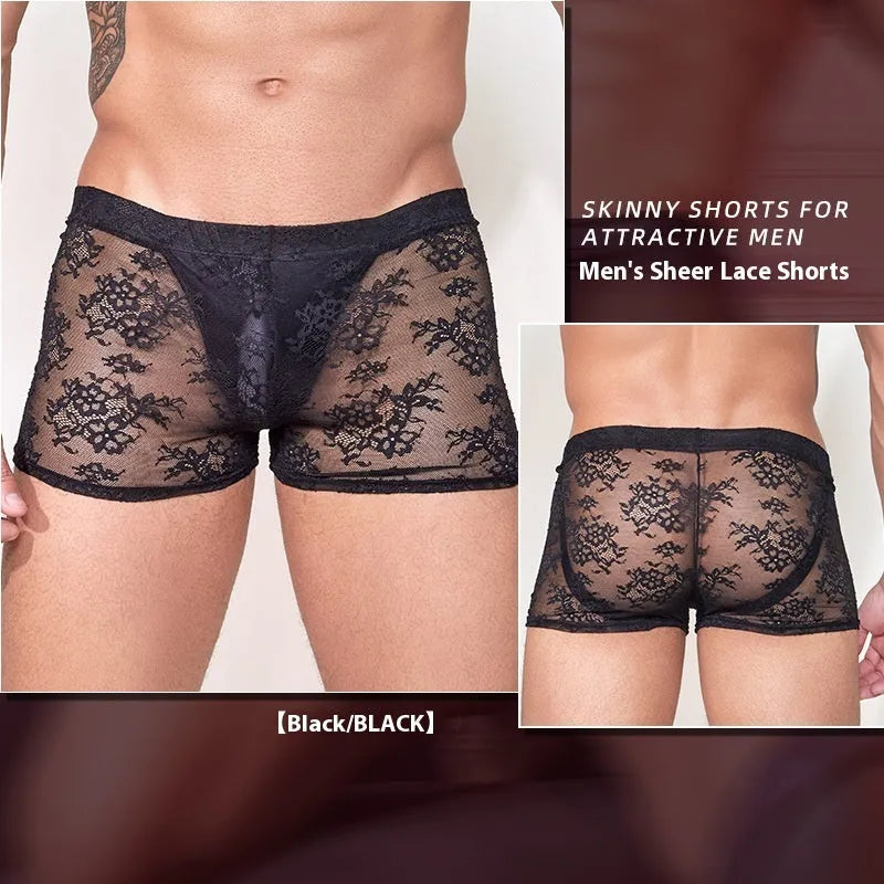 Men's Fashion Personality New Lace boxers in black, white, and red colours, made from nylon fabric.