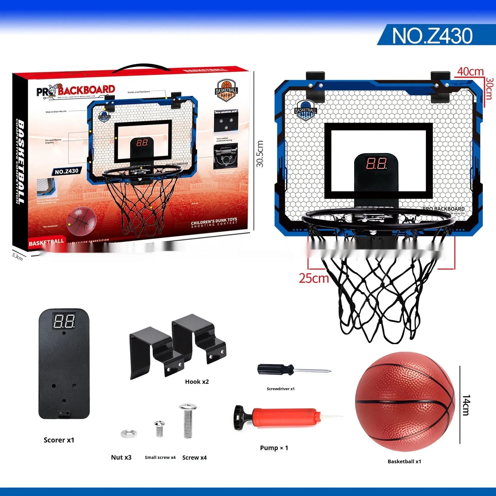 Red folding basketball frame with suction cups mounted on glass door showing scoring panel