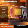 Compact white PTC ceramic desktop heater with oscillation function and push-button controls.