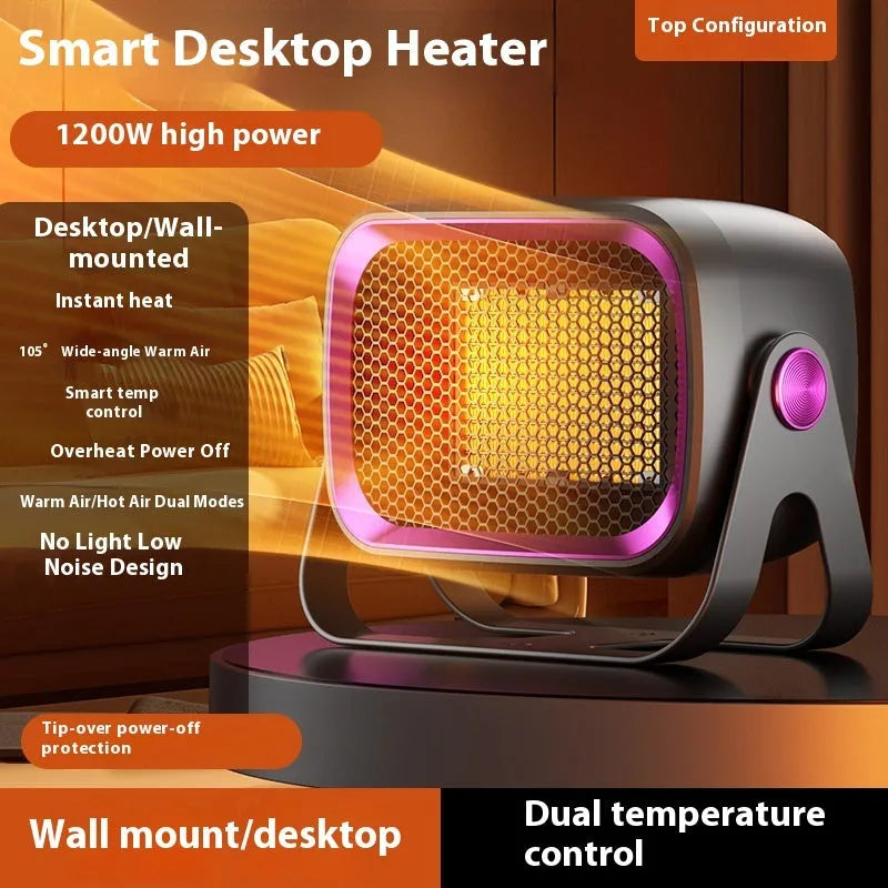 Compact white PTC ceramic desktop heater with oscillation function and push-button controls.