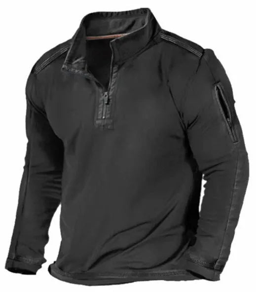 Man wearing a dark-coloured zip-up stand collar long-sleeve sweater.