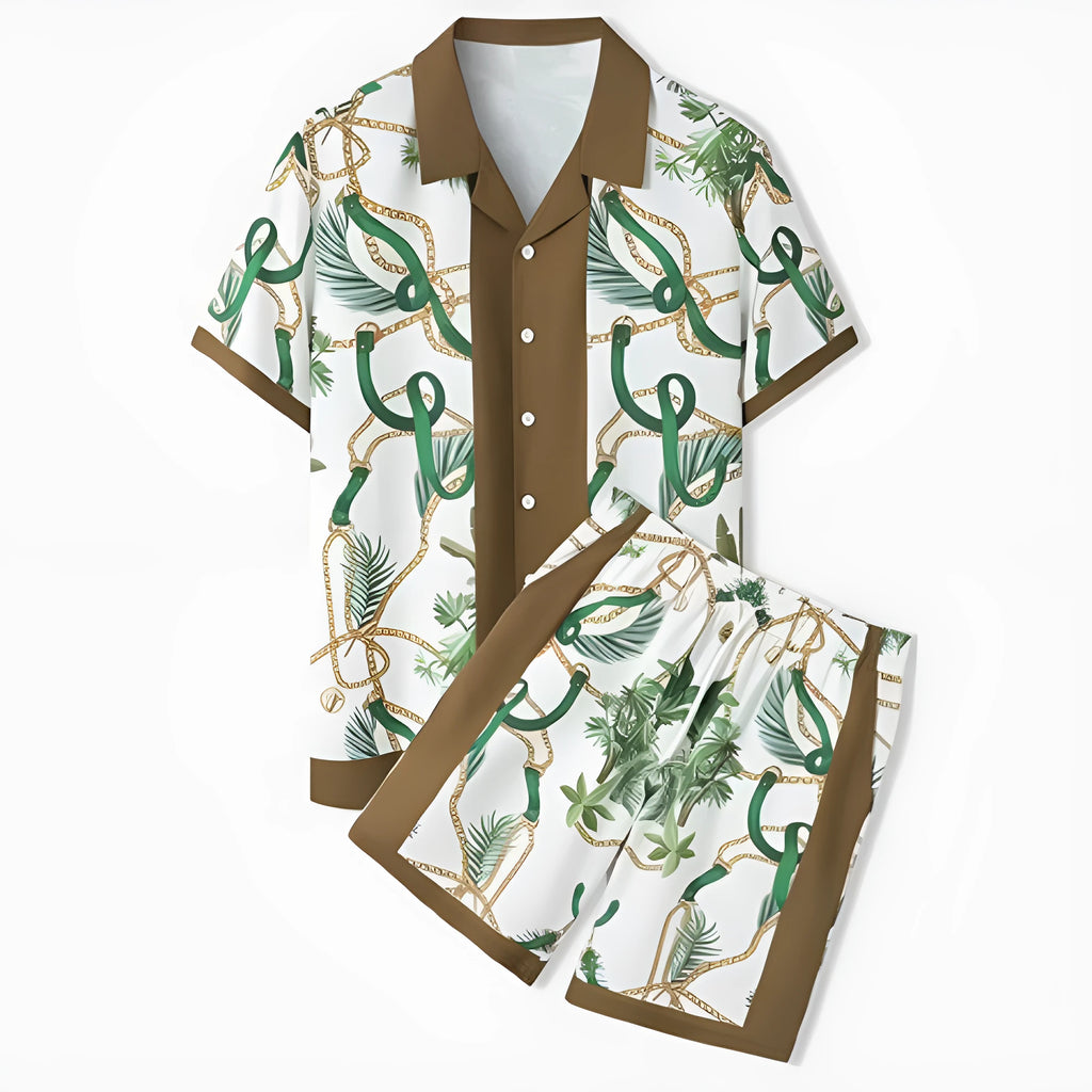 Printed plaid beach shirt and matching trousers set for casual wear.