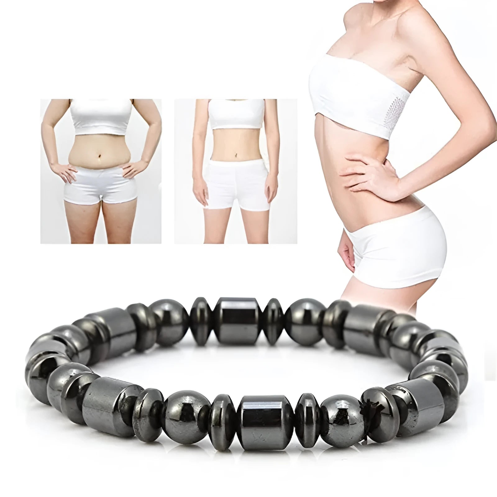 Black pentagram pattern magnetic therapy bracelet with stretch band and stone beads