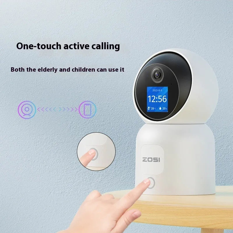 Zhou Shi wireless indoor security camera with large colour screen and plastic housing on a screw-fixed bracket.