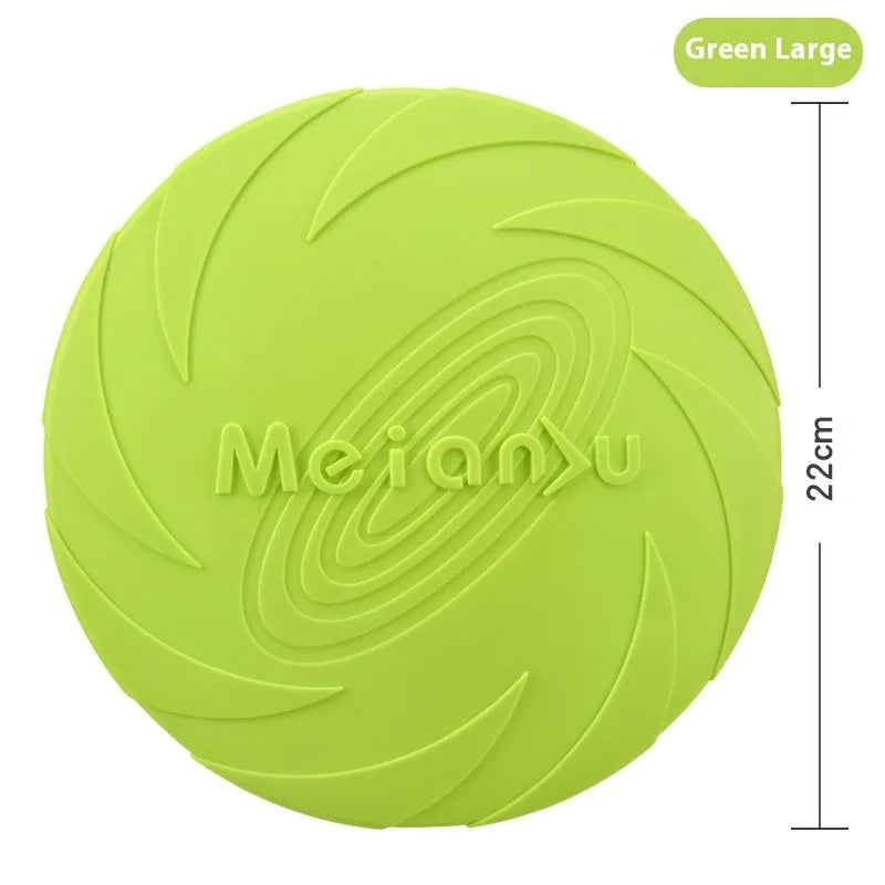 Soft rubber dog frisbee in red, blue and green colour options showing small, medium and large size variations