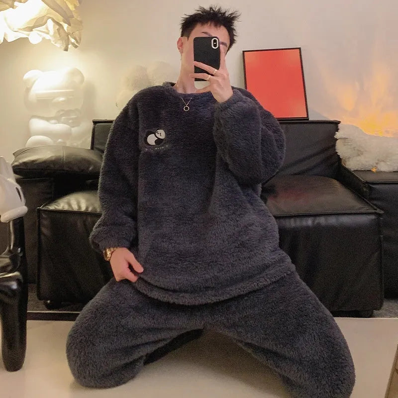 Men's winter flannel pajama suit in jacquard velvet fabric, pullover style, set includes top and pants