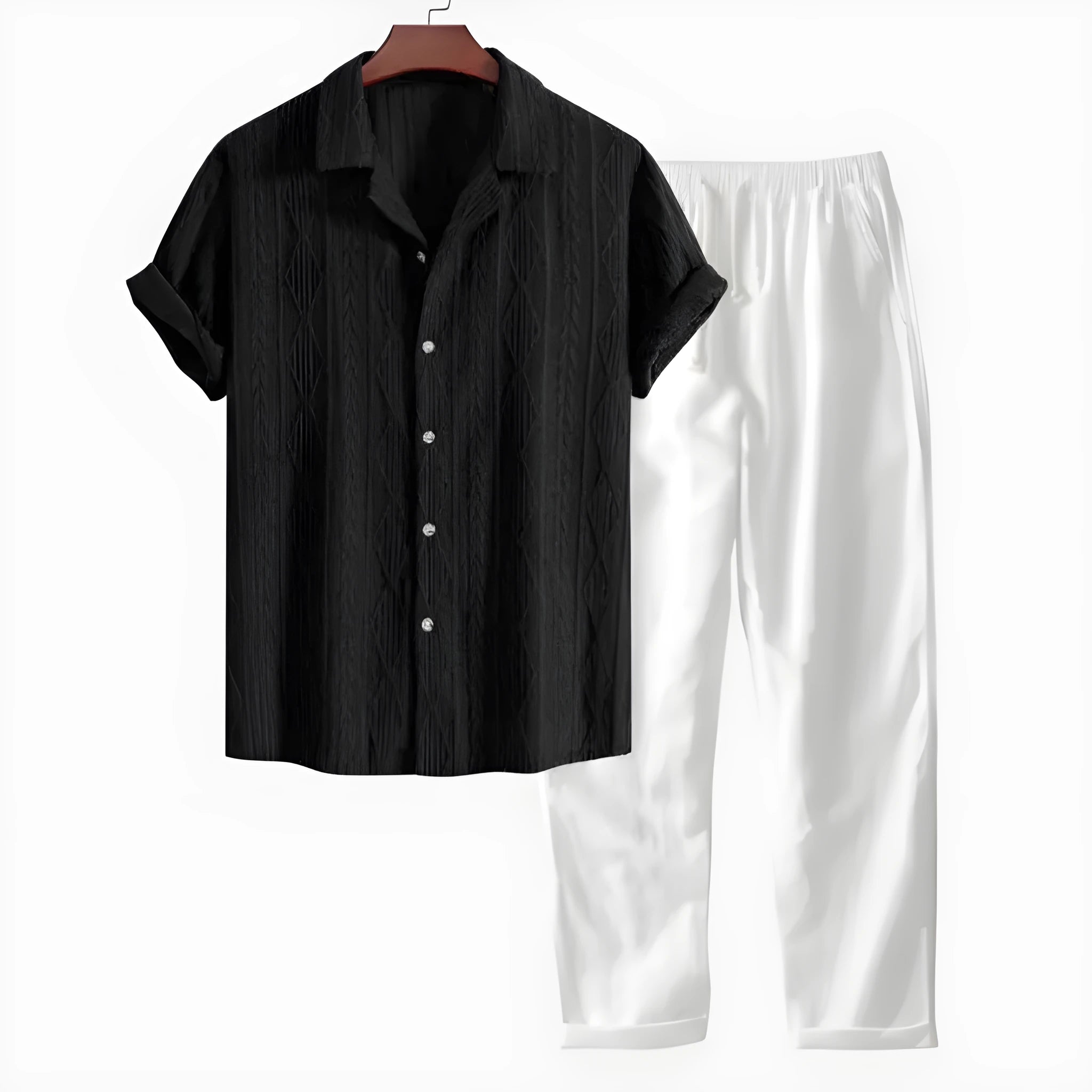 Casual slim fit short-sleeved shirt and trousers suit set with digital camouflage print, cardigan-style lapel.