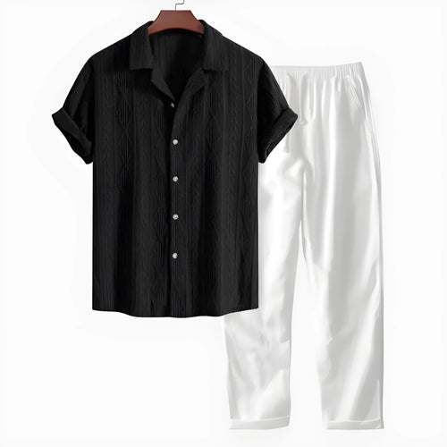 Casual slim fit short-sleeved shirt and trousers suit set with digital camouflage print, cardigan-style lapel.