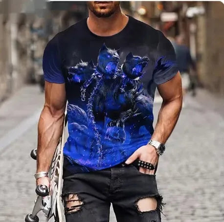 Men's grey t-shirt with 3D lion face printing on front