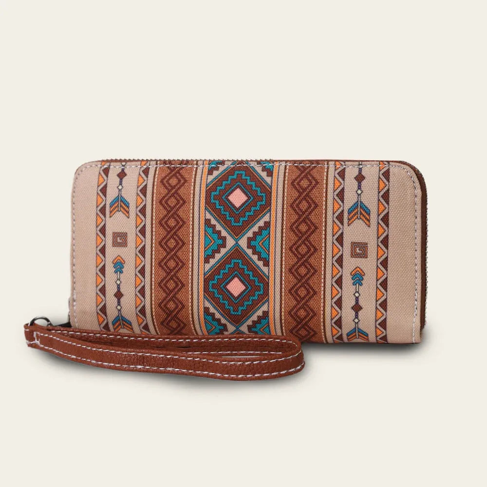Bohemian stripe pattern RFID wallet with canvas construction showing interior polyester lining