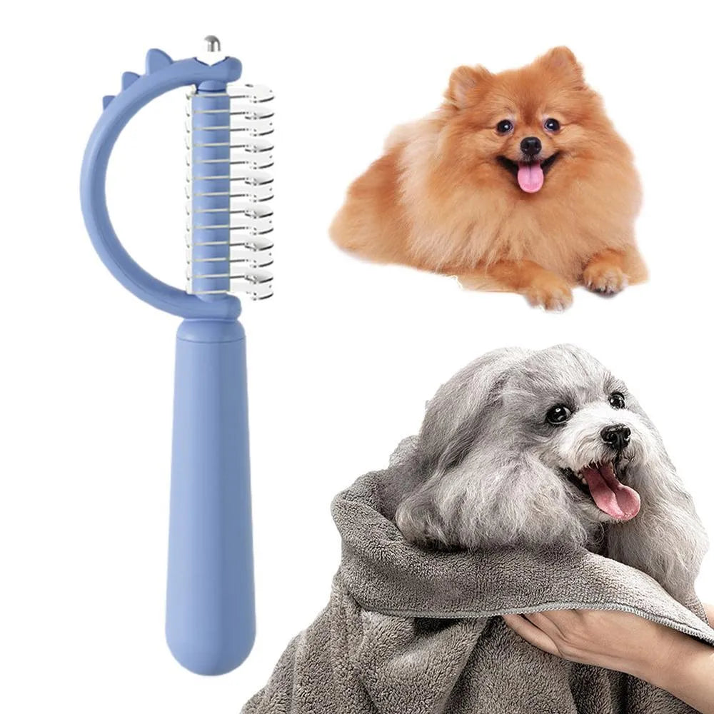 Blue dinosaur-shaped self-cleaning cat brush with double-sided stainless steel slicker pins.
