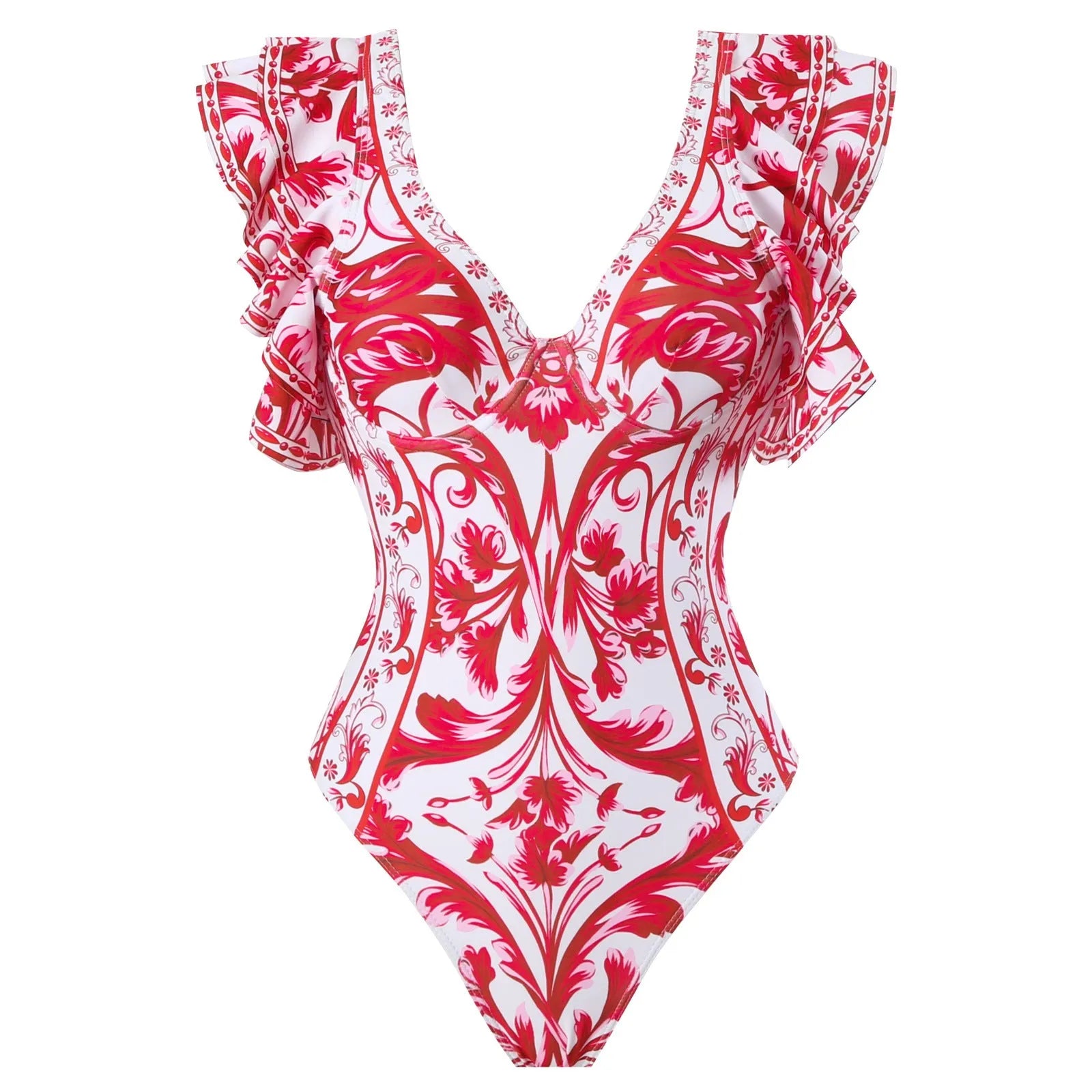 Adult woman modelling a printed one-piece swimsuit in a choice of colours including rose pink, blue, white, and a red apron set style.