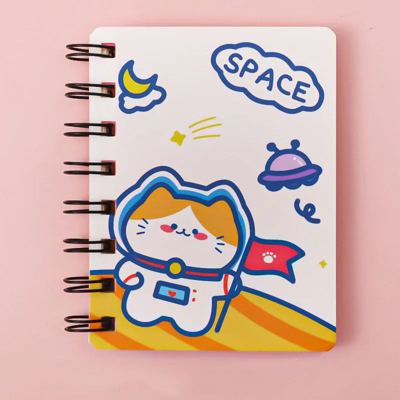 Astronaut-themed flipper notebook measuring 10.5cm by 8cm with space design cover options