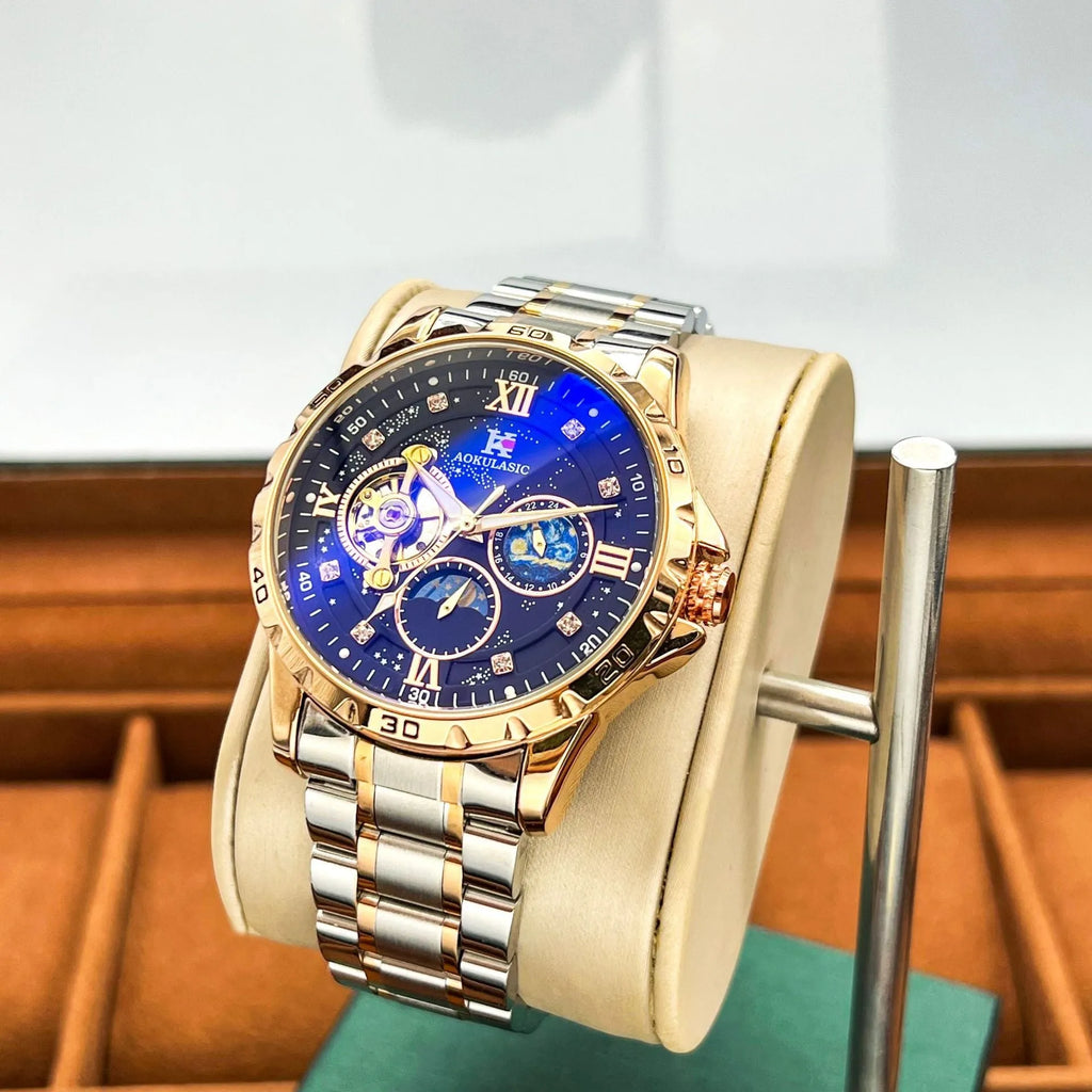 Men's automatic mechanical watch with rose gold case, black dial, and large multifunctional display