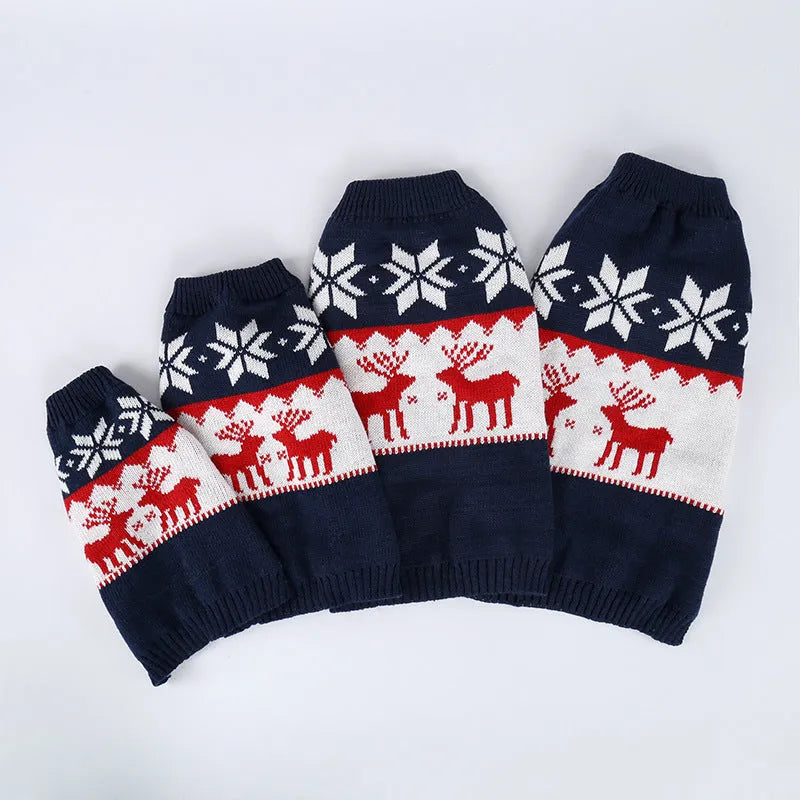 Navy blue knitted Christmas sweater for a dog, shown in a European American style.