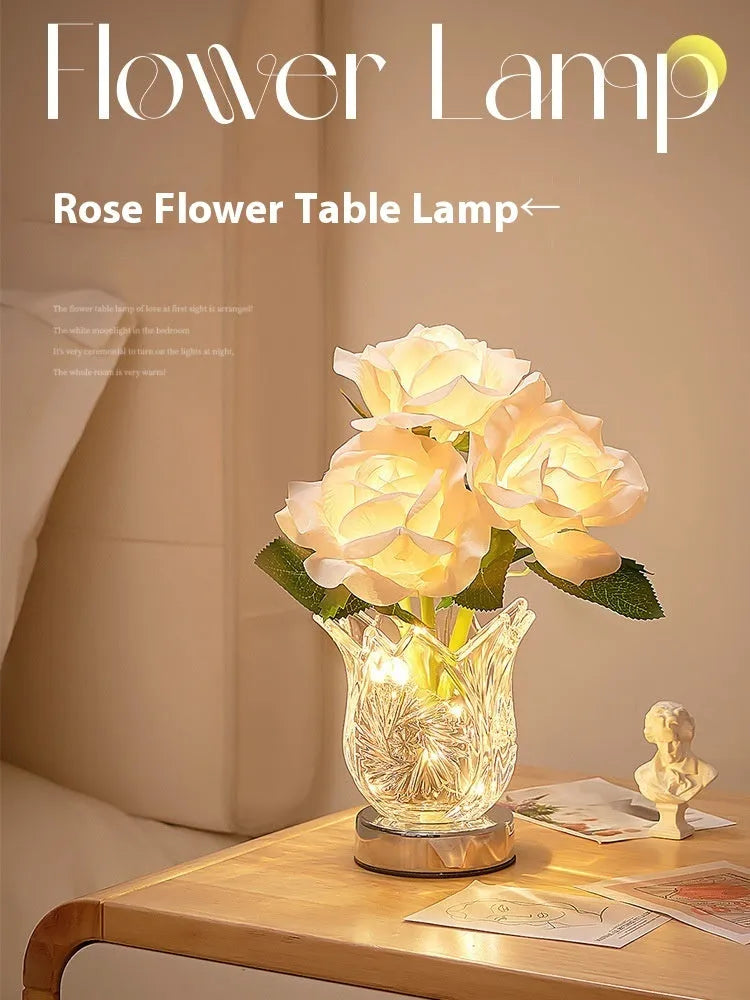 Crystal flowers design table lamp with touch control for bedside or desk use
