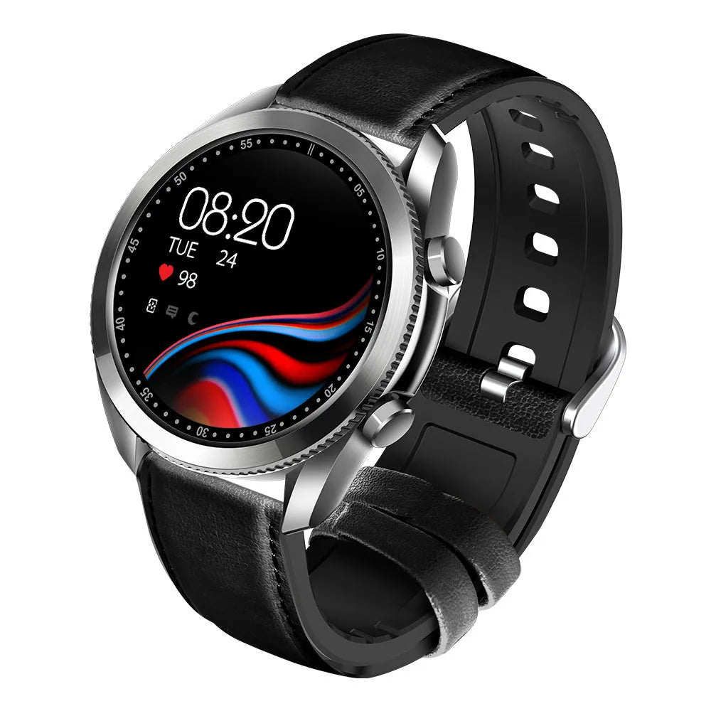 UM90 smartwatch with black leather strap showing time on a circular touch screen display.