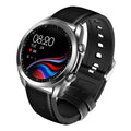 UM90 smartwatch with black leather strap showing time on a circular touch screen display.