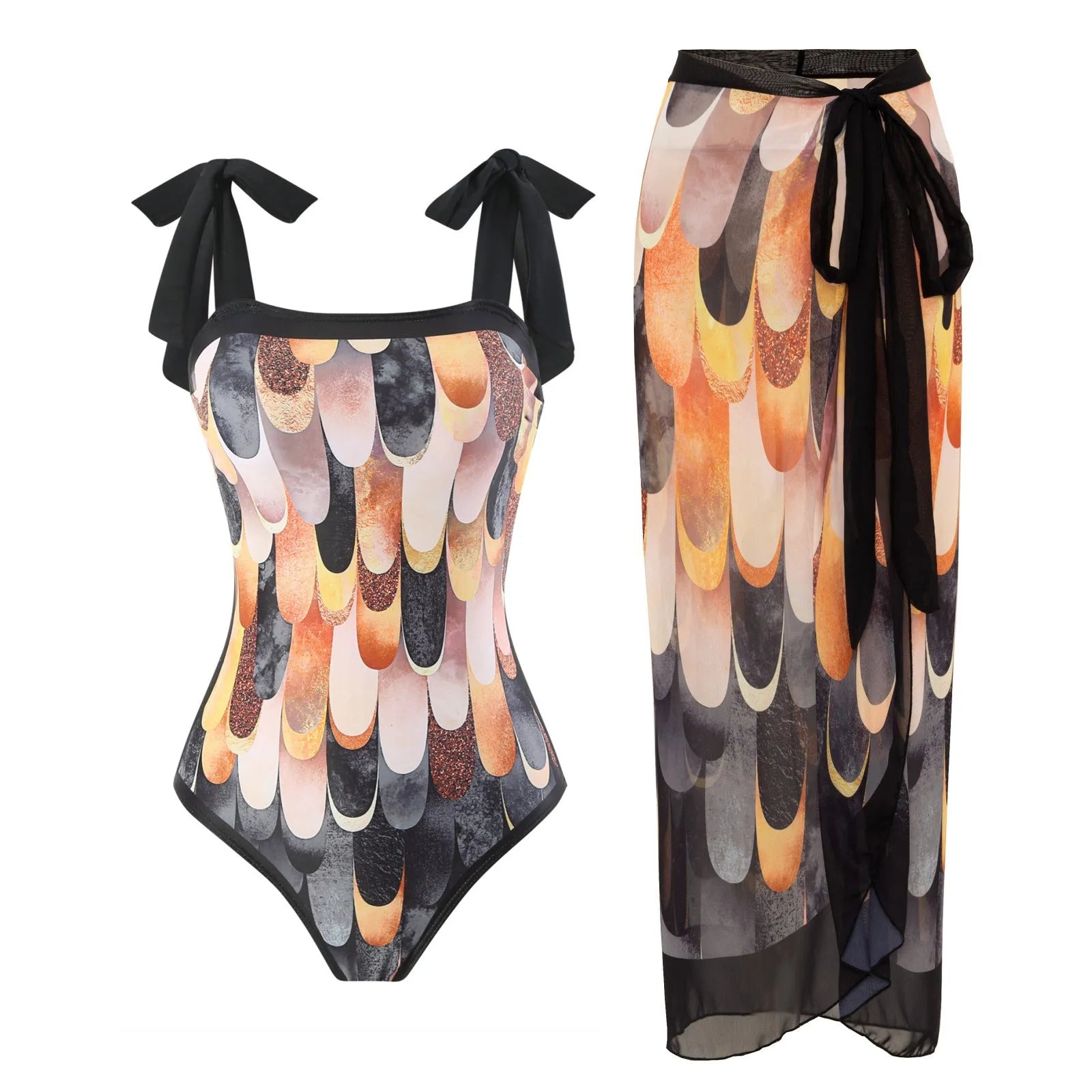 Women's yellow one-piece swimsuit with floral pattern and matching white chiffon skirt.