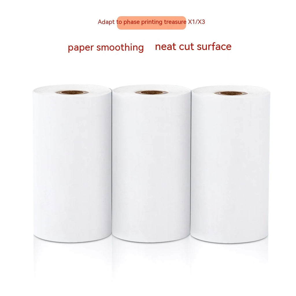 Box containing three rolls of white 57mm wide thermal paper for small printers.