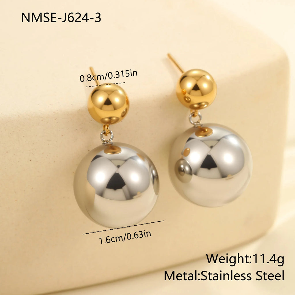 Women's stainless steel geometric ear studs with colour-block electroplated spherical beads