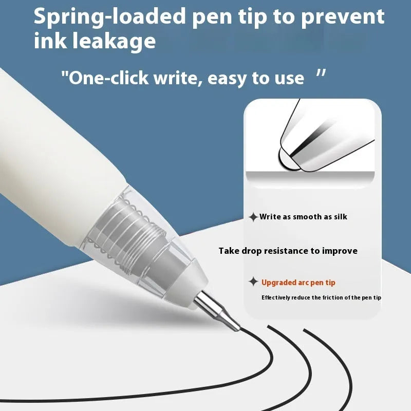 Pack of 10 quick-drying push bullet pen refills in black, red, blue, and ink blue colours.