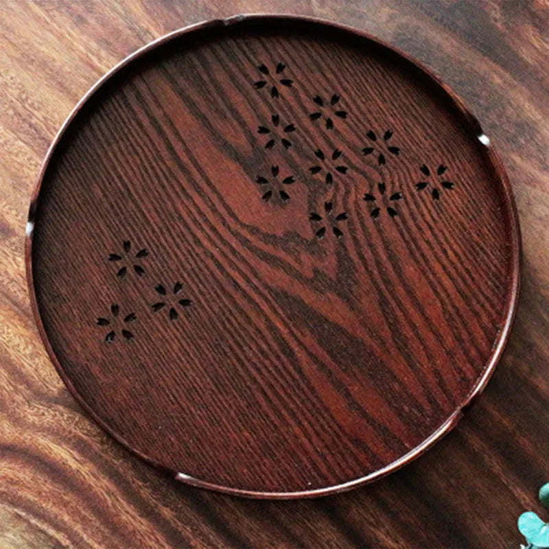 30cm wooden shallow plate with hollow cherry blossom Sakura design for serving desserts.
