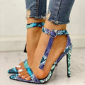Blue artificial PU leather heel shoes with buckle closure in European sizes 34-43