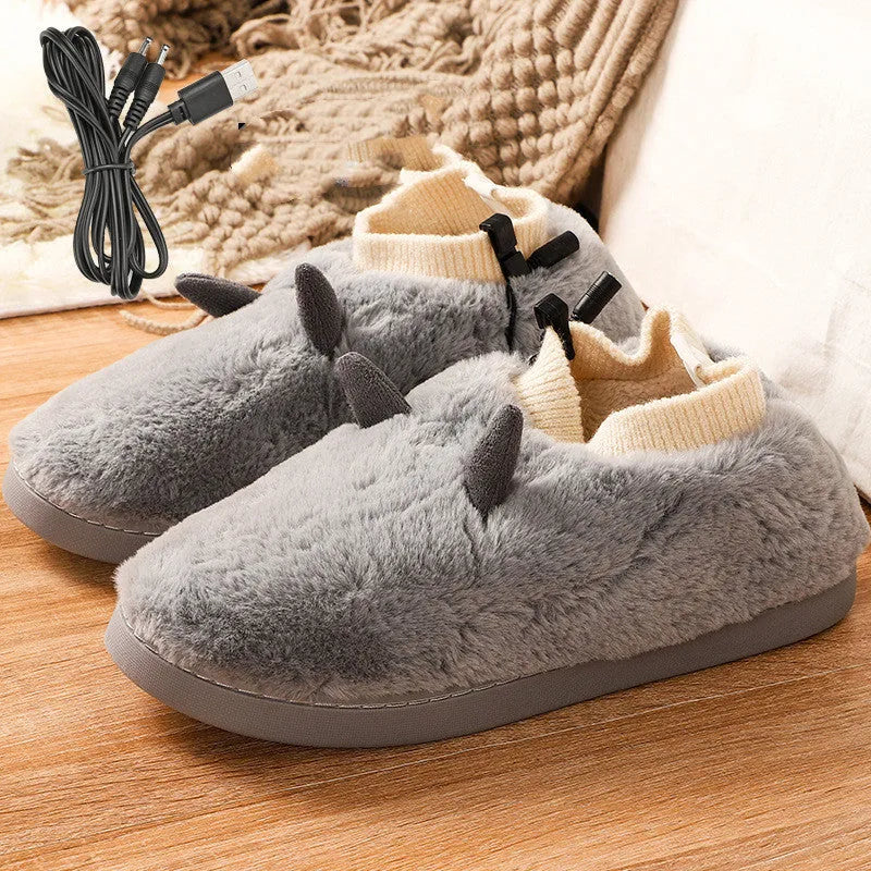 USB electric foot warmer slippers in black, grey, matcha green, and taro colours with soft velvet upper.