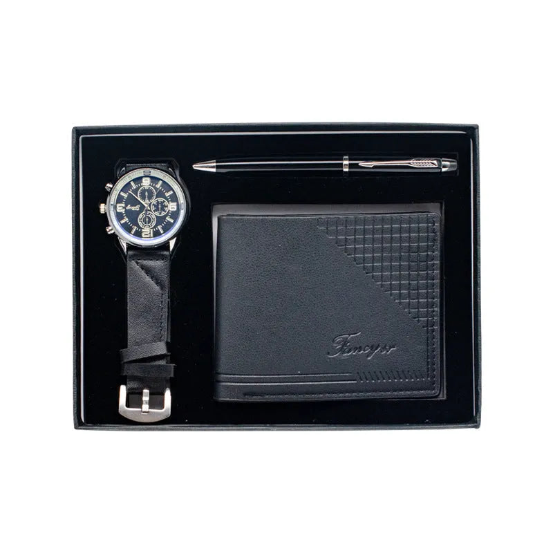 Creative Holiday Gift Set featuring a brown wallet, pen, and watch inside an elegant paper gift box.