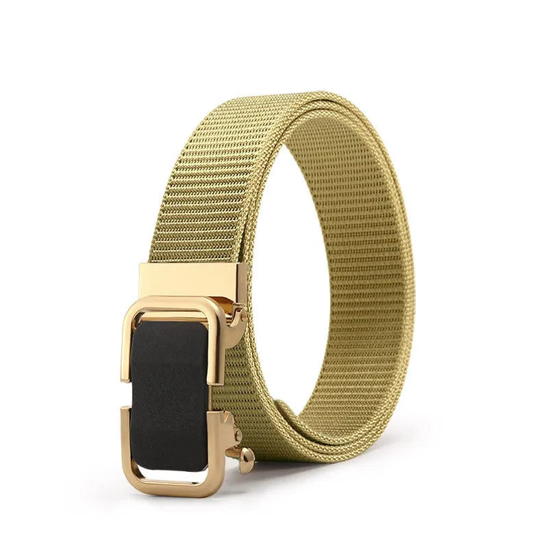Men's nylon canvas belt with an alloy buckle shown in army green colour with a silver buckle.