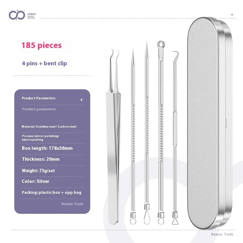 Four silver metal acne needles with pointed tips for skincare extraction
