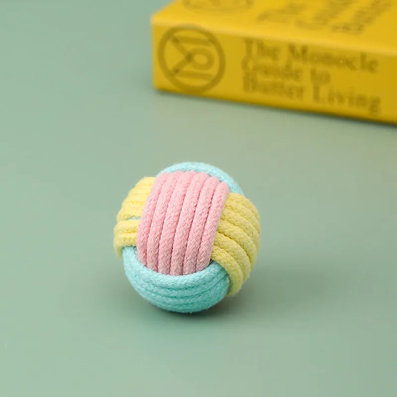 Handmade plush cotton ball cat toy in blue pink, green blue, and pink green colours, shown at 5cm size.