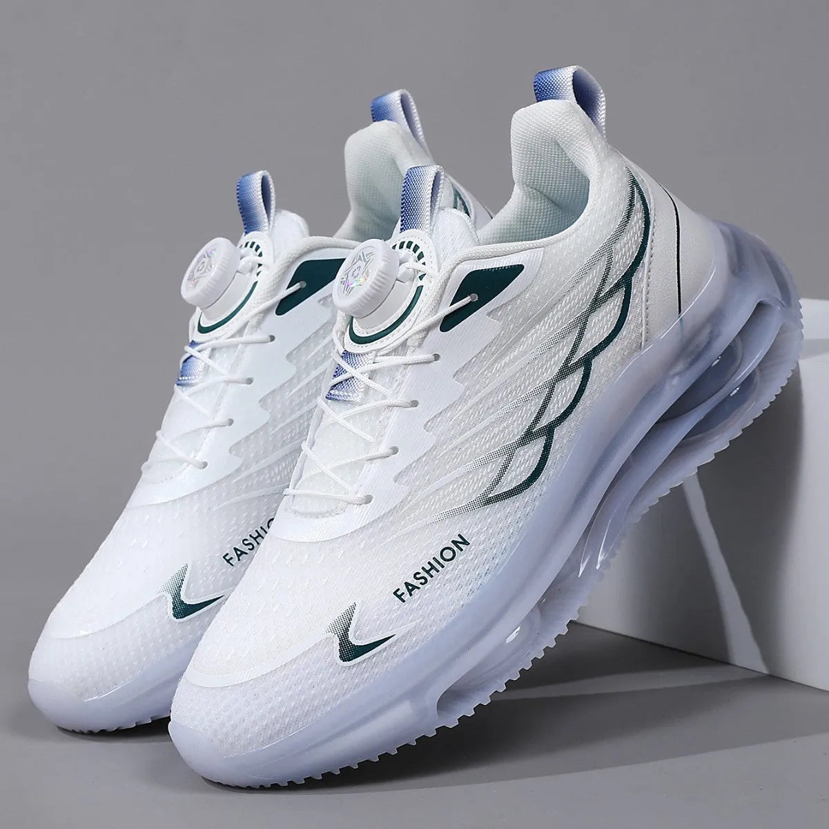 White men's casual sports shoes with rotating button lace system and mesh upper