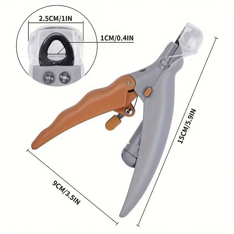 Yellow LED pet nail trimmer with magnifying glass for cats and dogs on a white background.