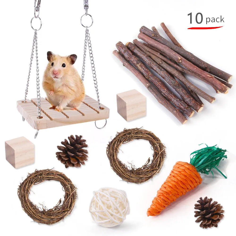 Natural wooden chewing toy set for small animals including straw mats, woven balls and plant-based components