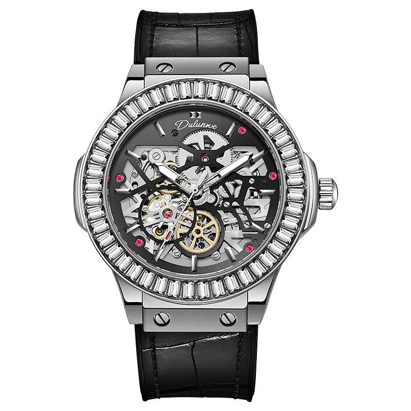 Men's automatic mechanical watch with skeleton dial and diamond bezel on wrist