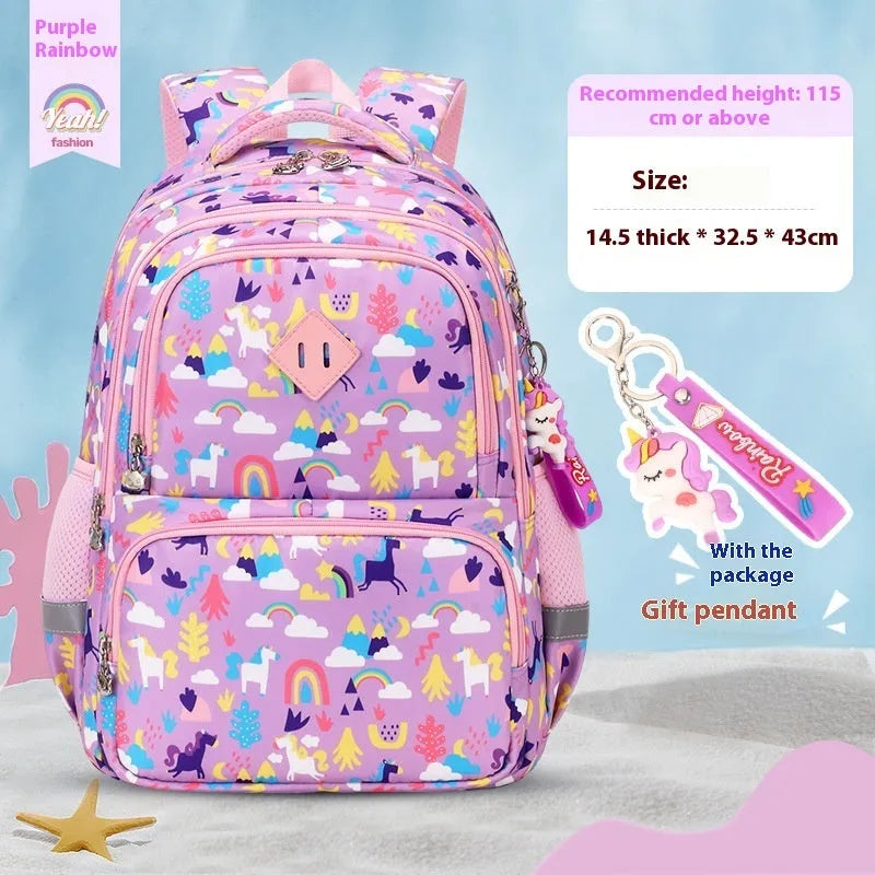 Blue children's waterproof school backpack with dinosaur pattern and curved shoulder straps on a white background.