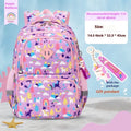 Blue children's waterproof school backpack with dinosaur pattern and curved shoulder straps on a white background.