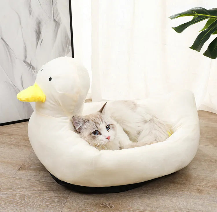 Duck-shaped fluffy pet bed sofa for small dogs and cats in blue or white colour