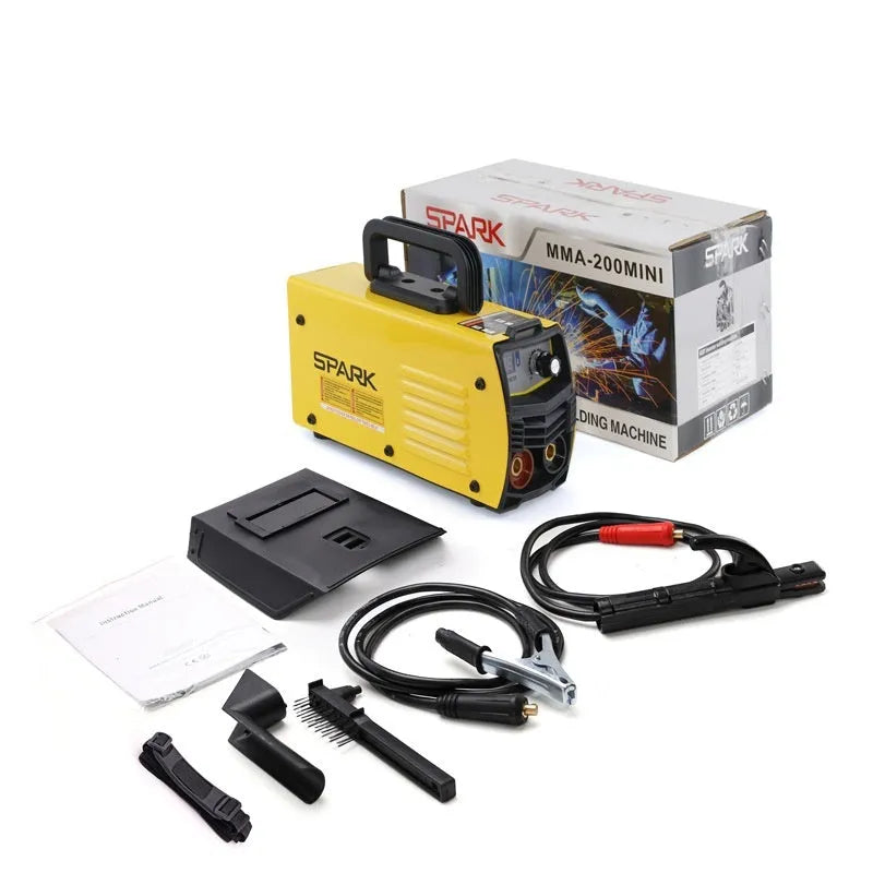 MMA-200MIN 220V DC inverter welding machine with welding tongs, grounding clamps, face shield and brush hanger accessories